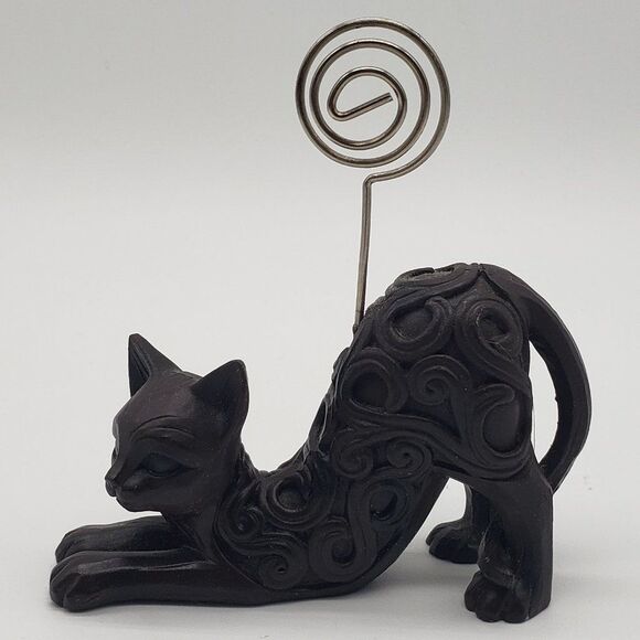 𝅺Deep Brown Resin Scroll Design Stretching Cat Swirl Wire Card Photo Holder - Picture 2 of 9